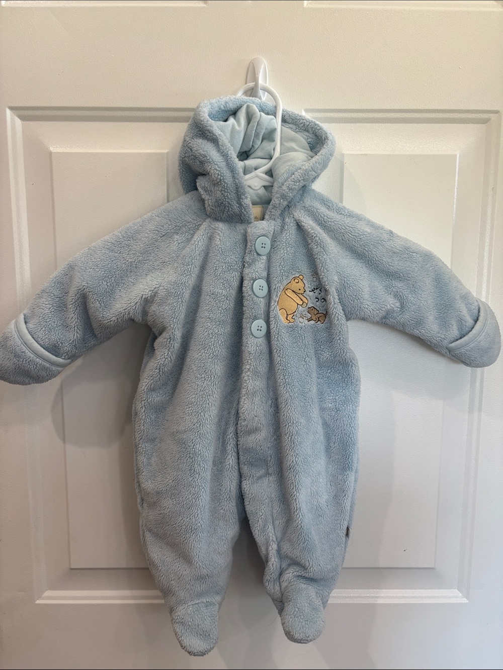 Classic Pooh by Disney Fleece Hooded Baby One-Piece in Light Blue 3 Months